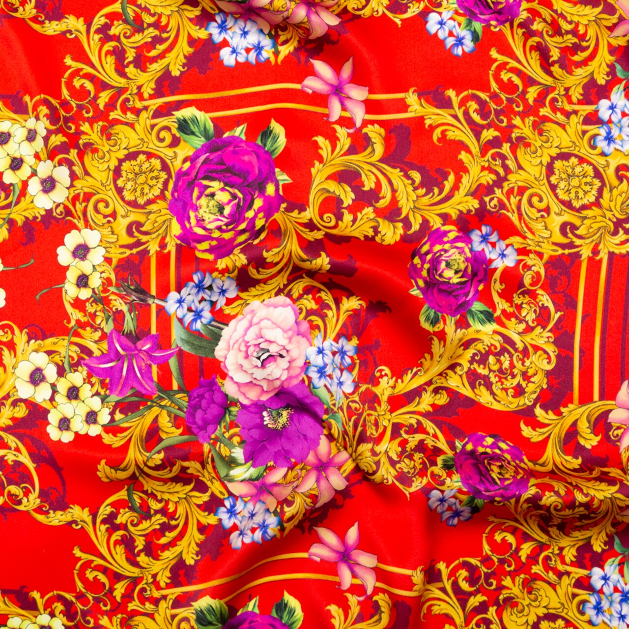 1 Yard Italian Red, Gold & Purple Ornate Floral Digitally Printed Silk Fabric Ideal for Formal gowns, 55 Inches Width